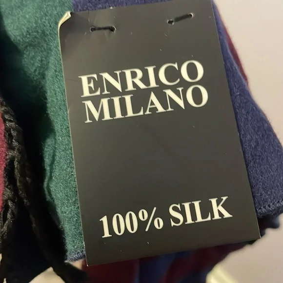 Enrico Milano Reversible Striped Silk Scarf Fringe OS Navy Maroon Green